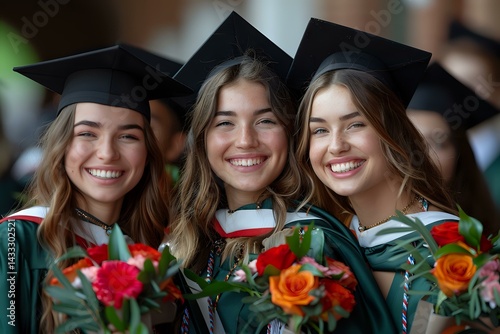 Three young female graduates in caps and gowns holding colorful bouquets of roses smile joyfully during graduation ceremony, celebrating academic achievement.