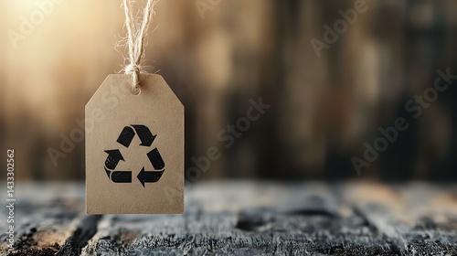 Obraz na płótnie Recycling symbol on kraft paper tag with string against blurred natural background, promoting environmental awareness and sustainable lifestyle choices. w salonie