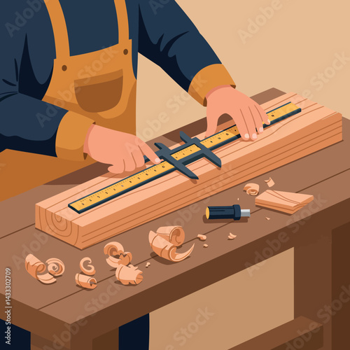 Carpenter measuring wooden plank using caliper on workbench with wood shavings vector illustration 