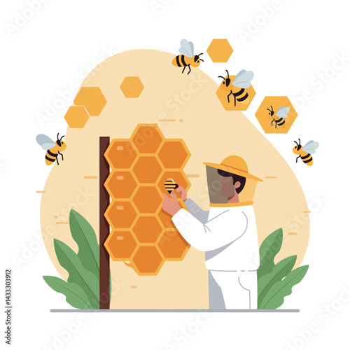 Beekeeper harvesting honeycomb from hive with flying bees vector illustration 