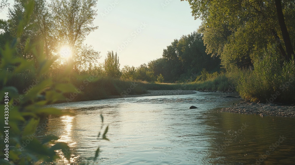 Naklejka premium A beautiful flowing river with trees and sunlight shining through