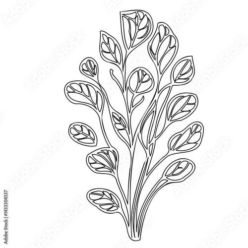 Monochrome floral arrangement illustration showcases symmetrical leaves and stems