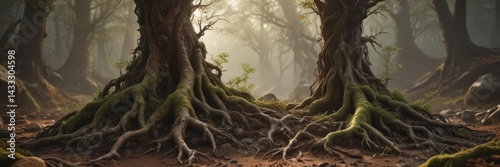Twisted roots emerging from earth, deep brown hues, mossy accents, form, moss, wildwood
