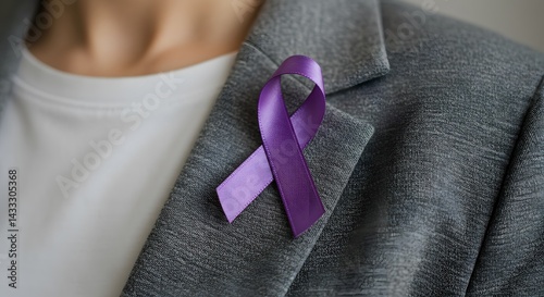 AI image focuses on a purple awareness ribbon pinned neatly onto the lapel of a textured grey jacket worn by someone.