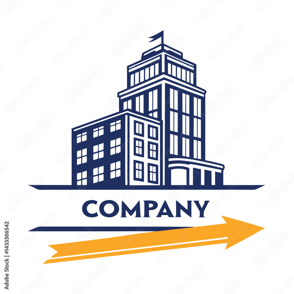 Fototapeta premium Isolated Business Tower with Arrow, Navy and Gold Color Palette, Professional Icon