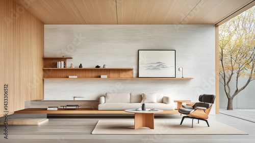 Modern, minimalist living room with natural wood tones and a view
