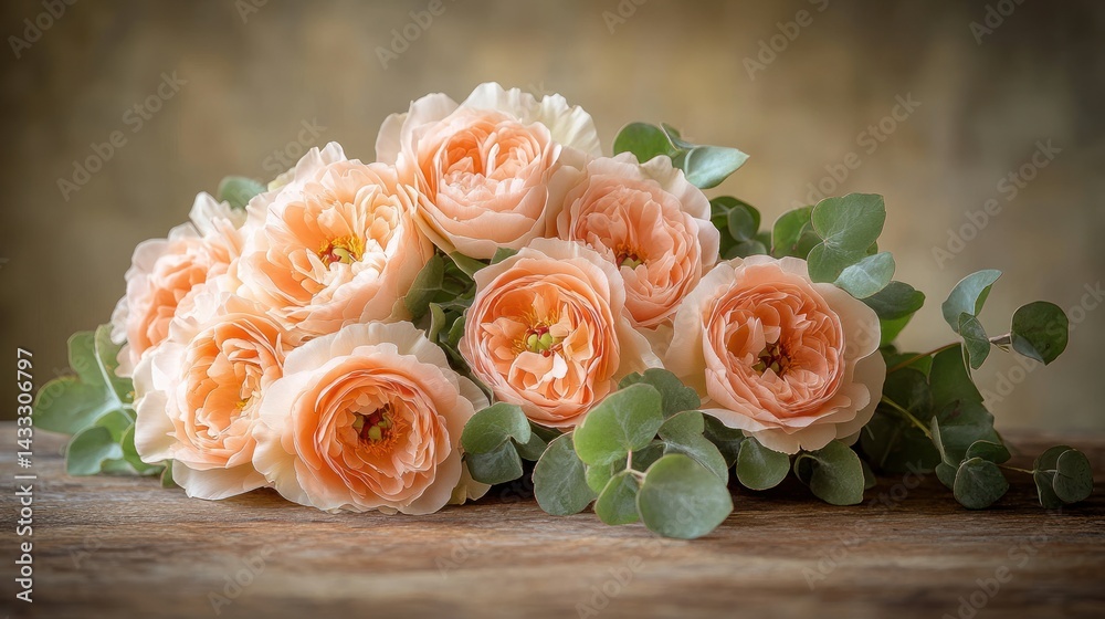 Obraz premium Peachy bouquet of roses and eucalyptus on rustic wood
