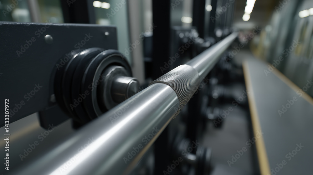 close up view of weightlifting barbell showcasing its metallic surface and grip texture, emphasizing strength and fitness gym environment. image captures essence of workout equipment