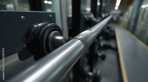 Obraz na płótnie close up view of weightlifting barbell showcasing its metallic surface and grip texture, emphasizing strength and fitness gym environment. image captures essence of workout equipment w salonie