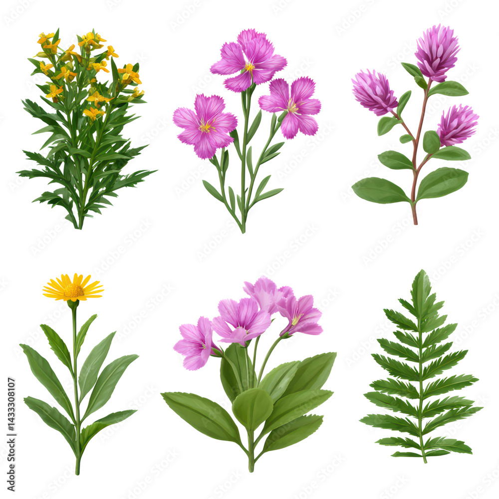 Obraz premium Colorful Collection of Hand-Drawn Wildflowers and Green Plants, isolated on transparent background.