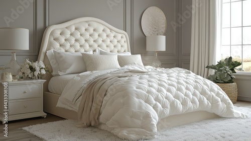 Elegant Master Bedroom Interior Design: Luxurious Bed, Neutral Tones, and Serene Atmosphere