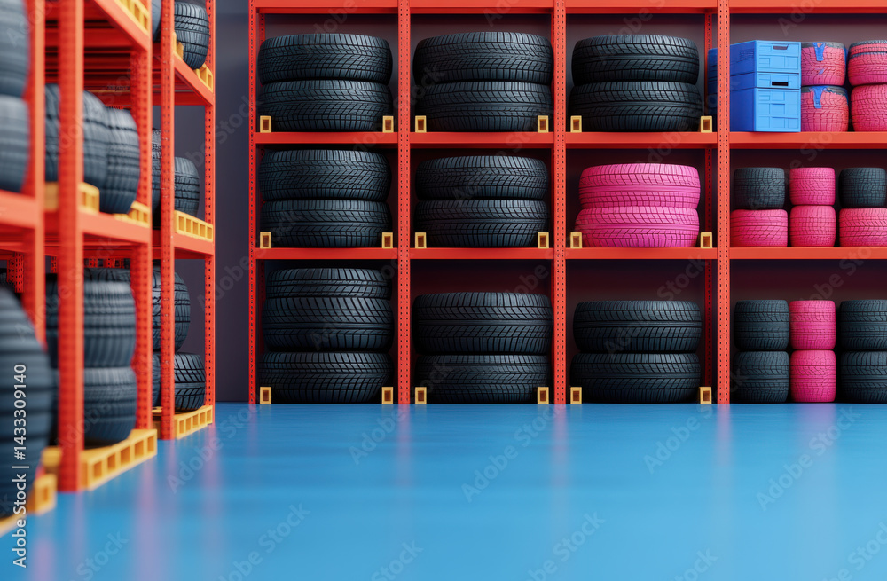 High quality tires stored shelves modern warehouse, showcasing various colors and sizes, creating organized and vibrant High quality tires stored shelves modern warehouse, showcasing various colors and sizes, creating organized and vibrant