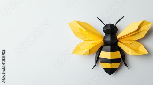 Papercraft bee with precise geometric folds, wings unfolded, embodies creativity, art, hobby paper sculpture.