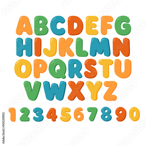 Colorful cartoon alphabet with numbers, in playful style. Vector clipart for kids and education.