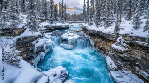 A beautiful winter scene featuring a frozen river and waterfalls