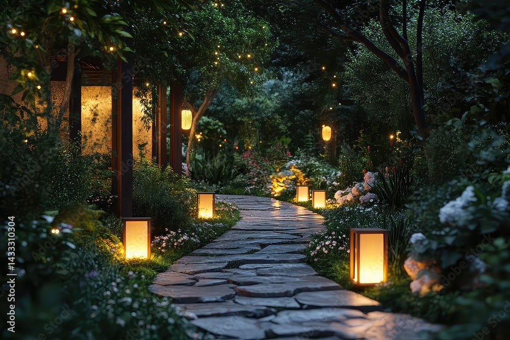 Obraz premium peaceful garden with a stone pathway and glowing lanterns at night