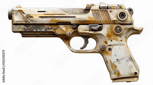 Weathered futuristic pistol with isolated.