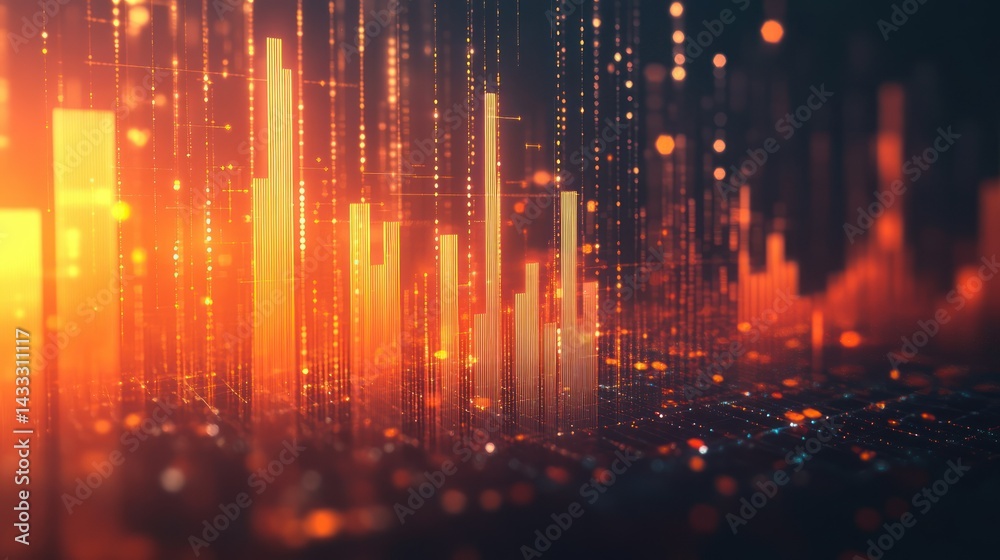 Fototapeta premium Abstract data visualization shows glowing bars and digital network, emphasizing business, insights, technology.