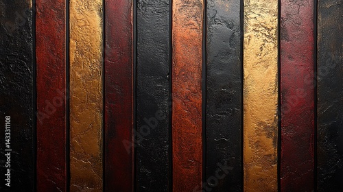 Textured Wood Panels in Gold, Red, and Black with Vertical Grain