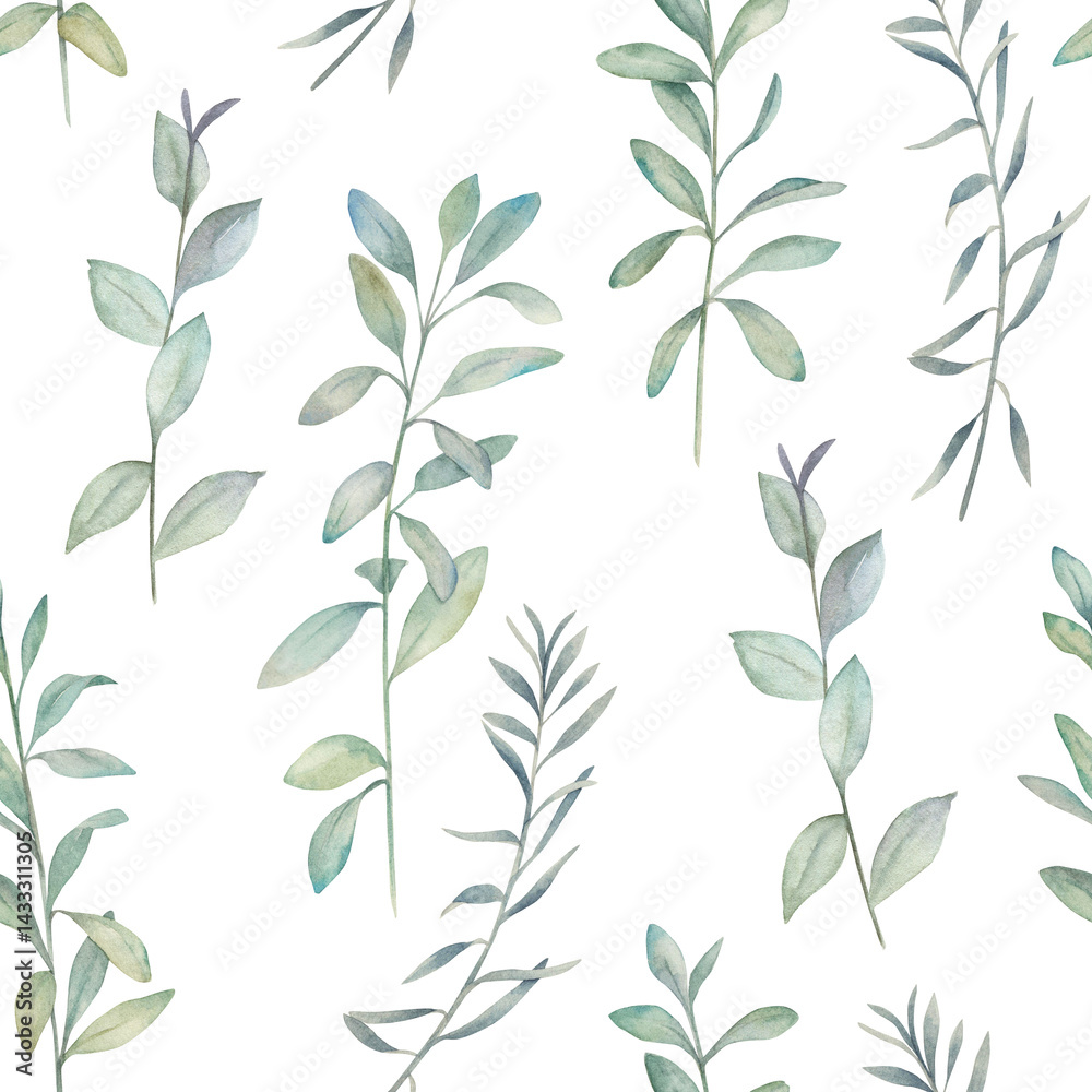 Naklejka premium Watercolor seamless pattern. Organic herbal print with eucalyptus branches. Greenery hand drawn illustration on white background.