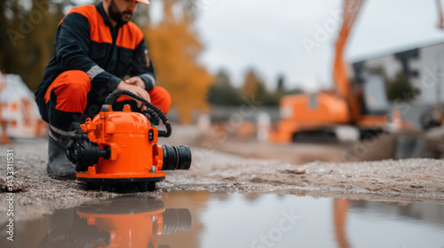 Wallpaper Mural construction worker in orange and black uniform is crouching beside submersible pump at construction site, reflecting on water puddle nearby. scene captures essence of hard work and dedication Torontodigital.ca