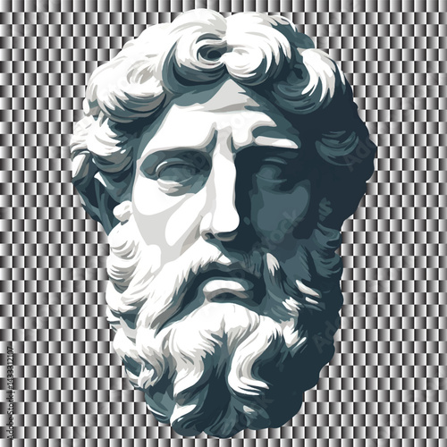 Ancient Greek sculpture, marble bust, bearded man, curly hair, intense gaze, classical art, monochrome, high contrast, detailed facial features