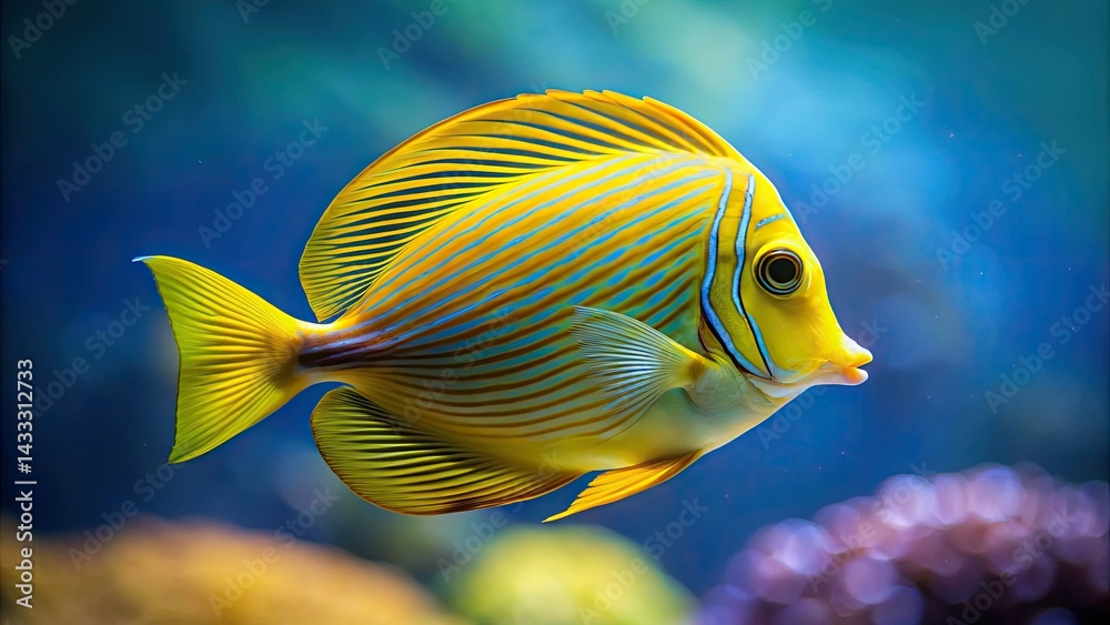 Naklejka premium Minimalist Aquarium Fish: Zebrasoma Flavescens, Yellow Tang, Sailing, Underwater Photography