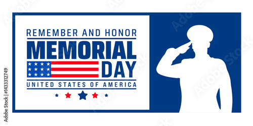Memorial Day background, banner or poster design template with military soldier salute. Remember and honor with USA flag. United States of America. A moment of silence for United States Veterans.