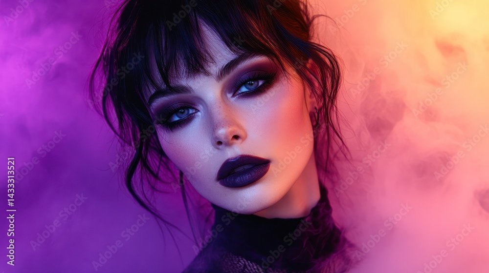 Fototapeta premium European woman poses, showcasing makeup, beauty, style with smoky eye shadow, lipstick against purple background.