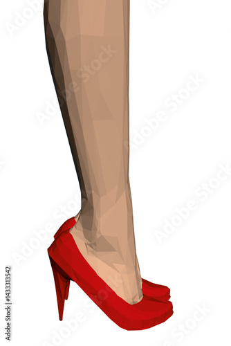 A pair of red high heels with a pointed toe. The shoes are shown in a 3D image, with the legs and feet clearly visible. The image has a bold and confident mood
