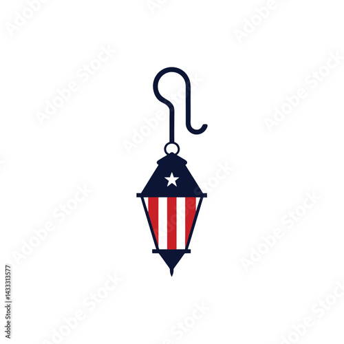 american flag themed lantern hanging on a shepard on a white background