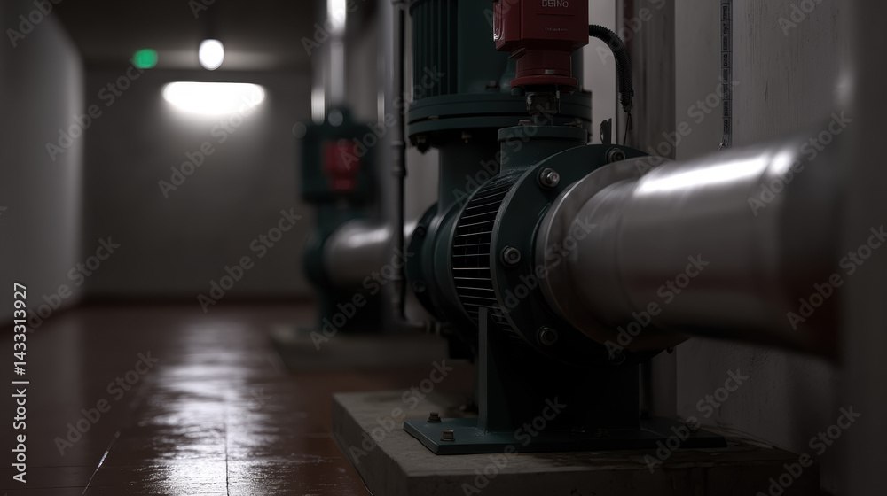 Fototapeta premium Industrial basement with multi pump system featuring metallic pipes and green pumps, creating functional and efficient atmosphere