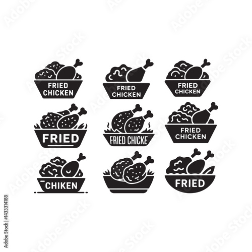 Bold Black Fried Chicken Vector Icon Isolated BUNDLE