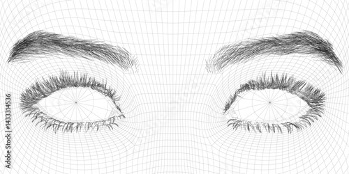 The eyes are drawn in a very abstract way, with a lot of detail and shading. Scene is somewhat eerie and unsettling, with the eyes appearing to be staring straight ahead and without any emotion