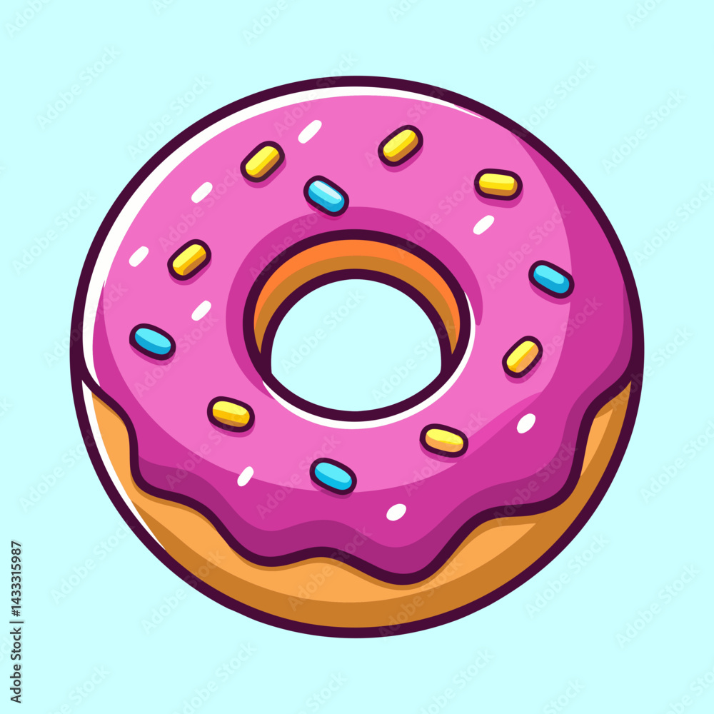 Cartoon image of a delicious pink frosted donut with sprinkles Cartoon image of a delicious pink frosted donut with sprinkles
