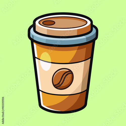 Stylized cartoon coffee cup with a green background, hot beverage.