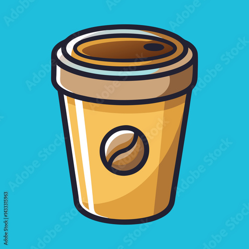 Stylized disposable coffee cup with coffee bean emblem and bright background