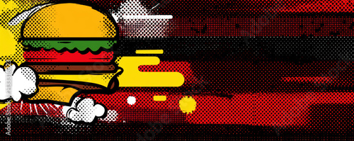 vibrant pop art illustration of hamburger with layers, floating midair against bold, colorful background. design features dynamic lines and playful aesthetic, evoking sense of fun and creativity