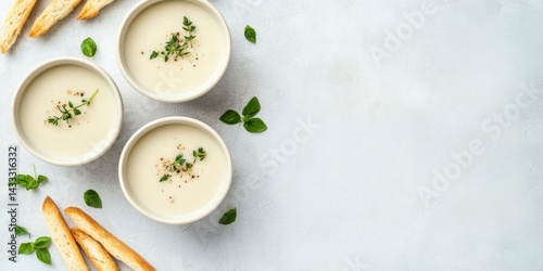 Wallpaper Mural Creamy white soup with herbs and breadsticks
 Torontodigital.ca
