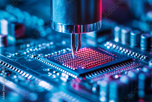 computer chip is being etched into a circuit board. Concept of precision and technical expertise, as the process of etching a chip onto a circuit board requires a high level of skill