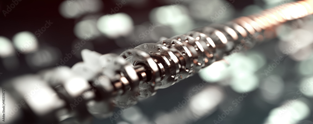 Metallic spiral structure with blurred background, showcasing intricate details and reflections, evokes sense of motion and precision in design