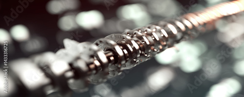 Obraz na płótnie Metallic spiral structure with blurred background, showcasing intricate details and reflections, evokes sense of motion and precision in design w salonie