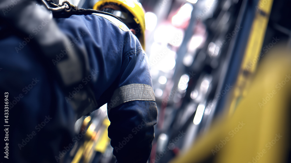 worker in safety helmet and uniform is seen from behind, navigating through industrial environment filled with machinery and equipment. scene conveys sense of diligence and focus