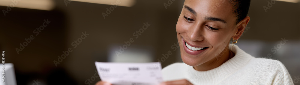 smiling cashier holds receipt, showcasing positive and engaging customer service experience. warm atmosphere highlights joy of successful transactions