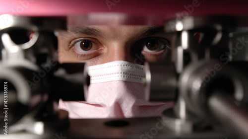 Obraz na płótnie technician wearing pink mask focuses intently on machinery, surrounded by steel structures, showcasing precision and concentration in technical environment w salonie