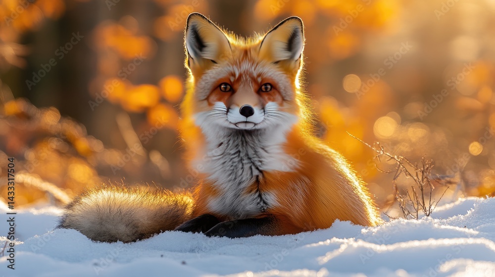 Obraz premium Stunning close-up of a red fox resting in a snowy landscape, basking in warm, golden sunlight with autumn foliage in the background
