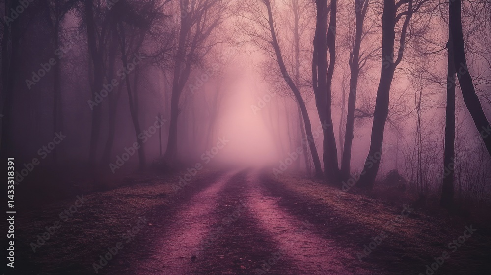 Fototapeta premium A foggy forest path leads into a hazy pinkish glowing light