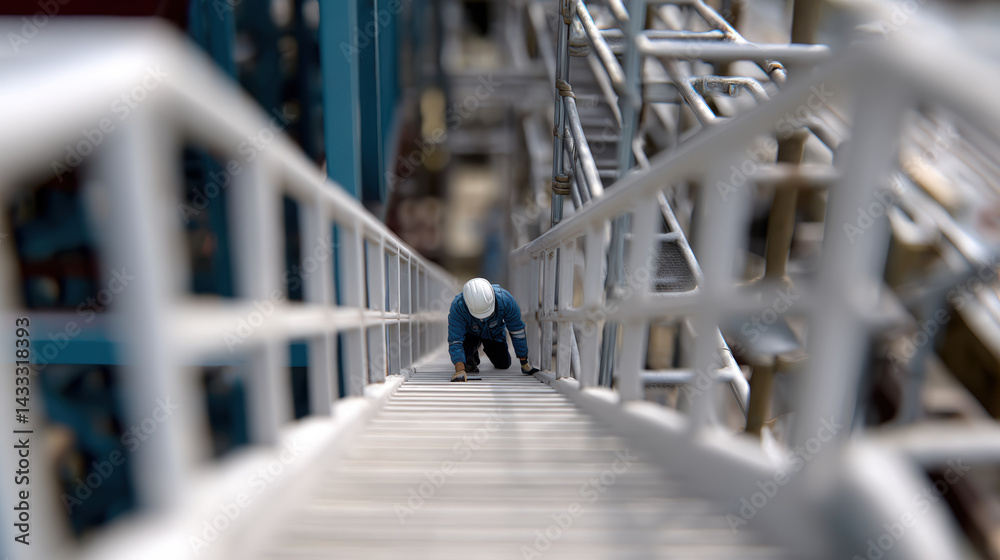 worker in safety helmet climbs metal staircase, showcasing importance of safety in industrial environments. focus on handrail emphasizes maintenance and safety protocols