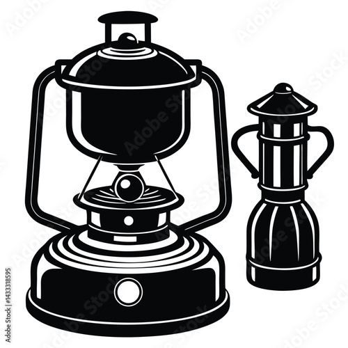 Camping Food & Cooking Gear vector silhouette illustration Camp stove with attached gas canister and visible control valve