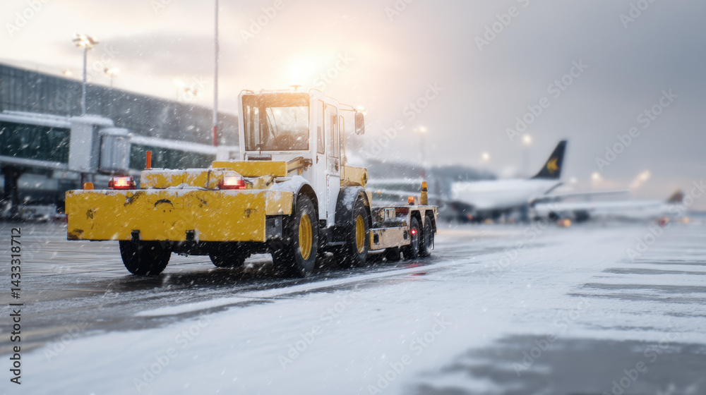 pushback truck is moving aircraft on snowy airport runway, with snow falling gently in background. scene captures busy atmosphere of winter operations at airport